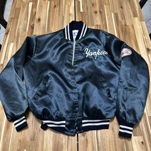 Vintage New York Yankees Jacket Mens L Blue Bomber Satin 90s *Zipper Broken